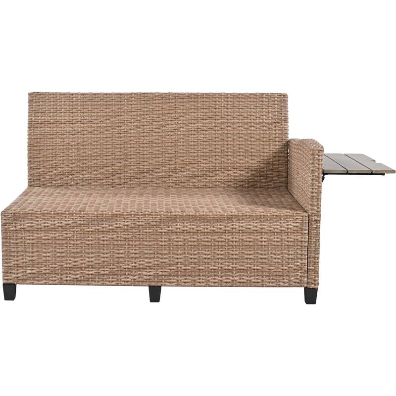 Roomfitters 5-Piece Outdoor Rattan Sofa Set, Patio Sectional Furniture with Dining Table, Storage Bench, Side Trays