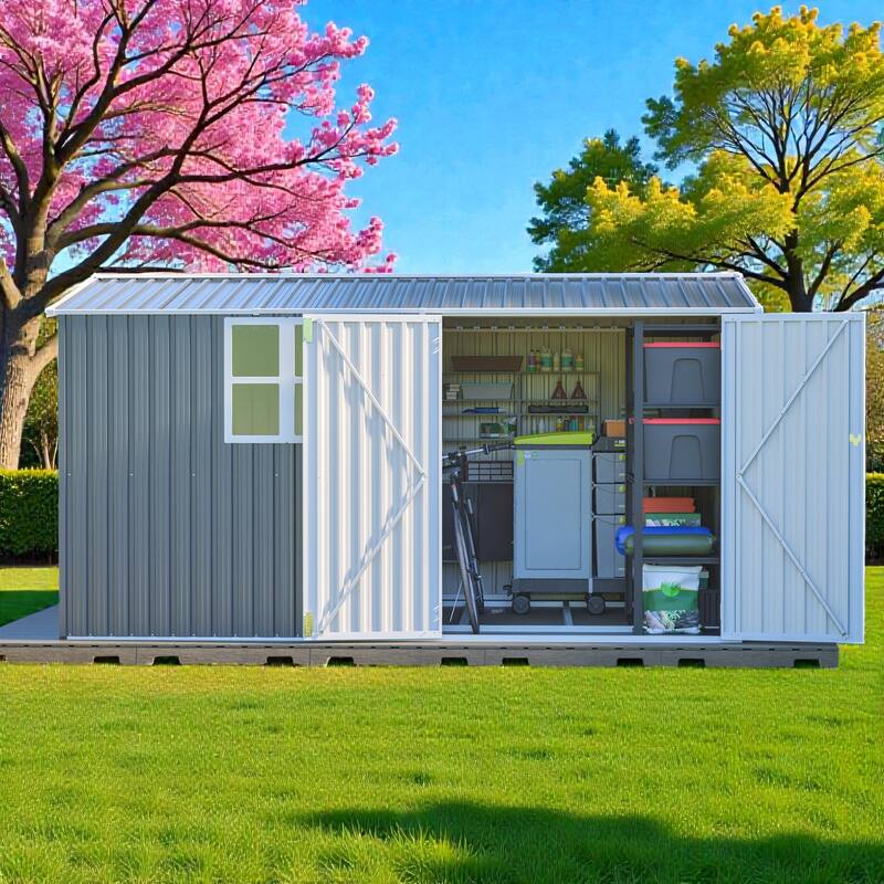 8x12 FT Outdoor Metal Storage Shed with Window, Lockable Hinged Doors and 4 Vents, Heavy Duty Steel Shed