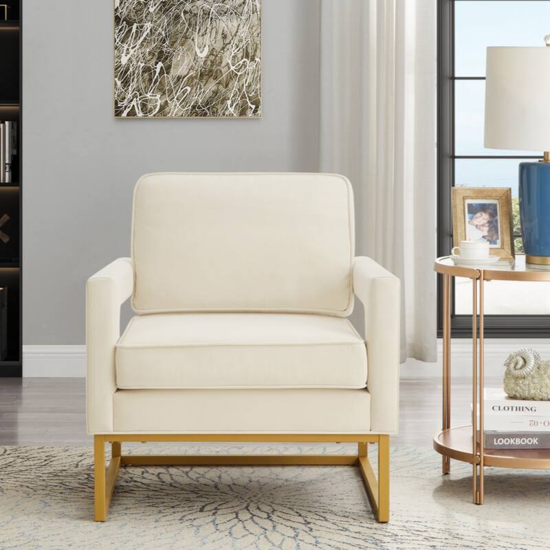 Modern Style Accent Chair with Gold Metal Base , Velvet Upholstered Leisure Chair with Open Armrest, Armchair