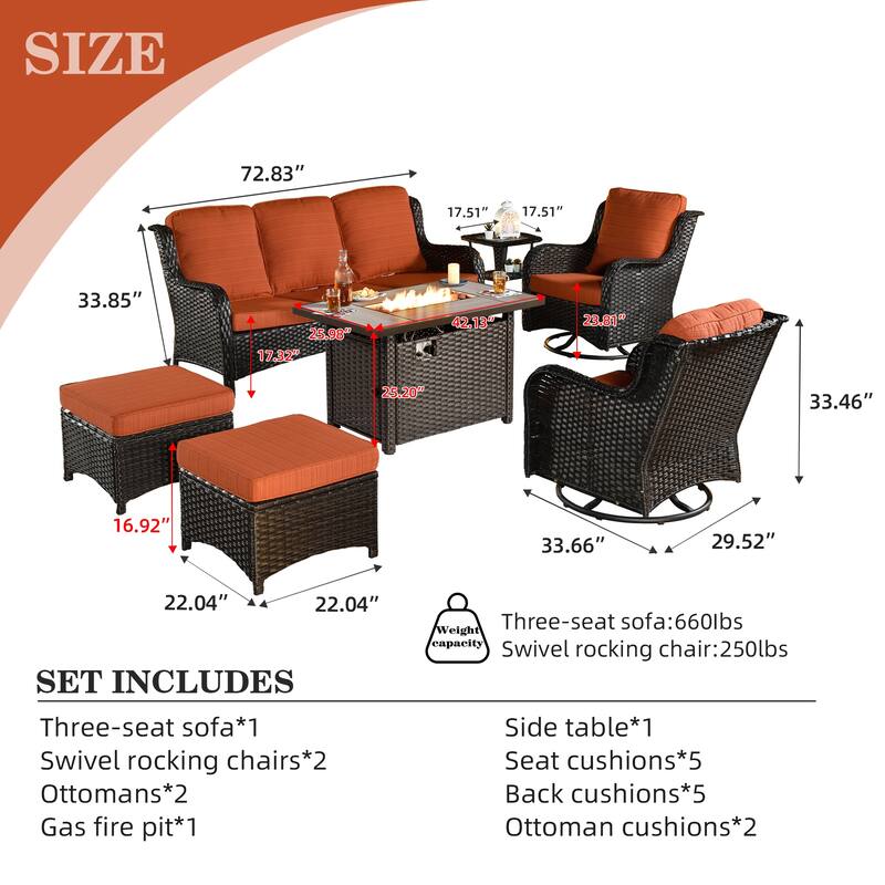 OVIOS 7-piece Patio Swivel Chair Set with 42" Fire Table