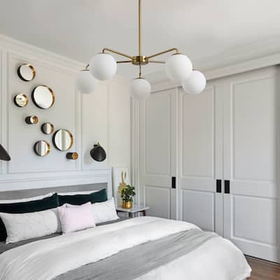 5-Lights Globe Mid Century Chandelier Modern Sputnik Pendant Light Fixture with Brushed Brass Finished