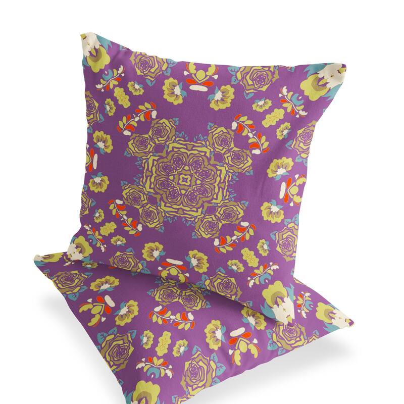 HomeRoots Set of Two 16" X 16" Green and Yellow Blown Seam Floral Indoor Outdoor Throw Pillow - 16.00' X '16.00' X '5.00