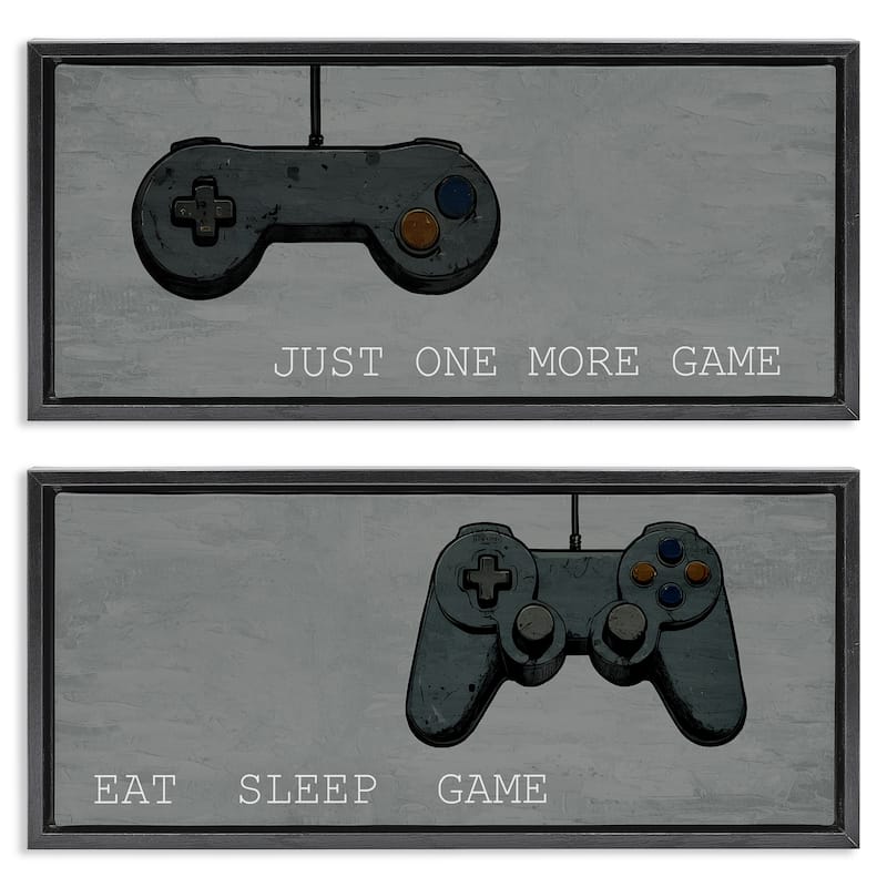 Stupell Gamer Phrases on Grey Framed Floater Canvas Wall Art Design By Kim Allen (Set of 2) - 25 x 11 - Black