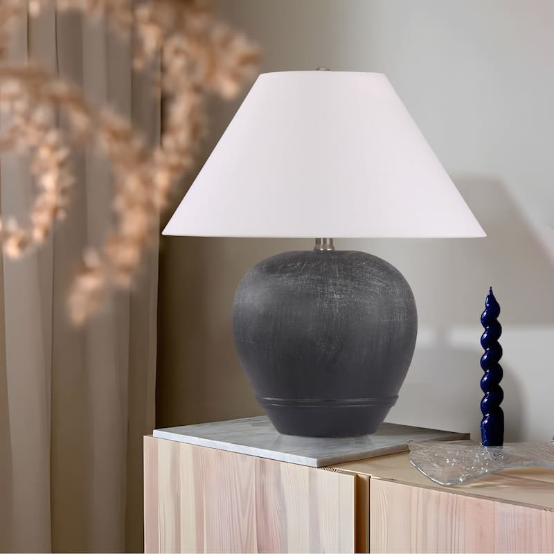 Global Accent Ceramic Table Lamp with Linen Shade - Large size: 21"H x 18"W x 18"D - Black Smudged
