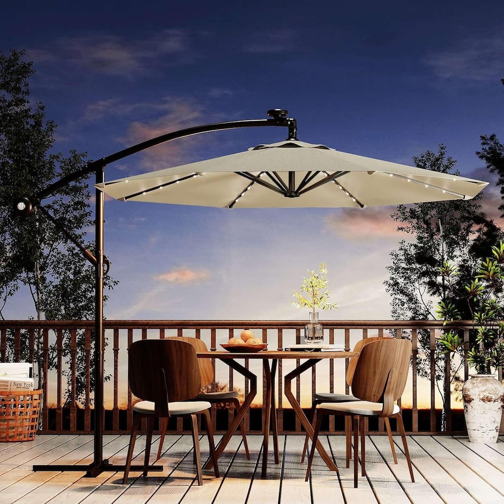 10ft Solar Lights Patio Umbrella, Cantilever Umbrella with Easy Lift and Tilt Adjustment
