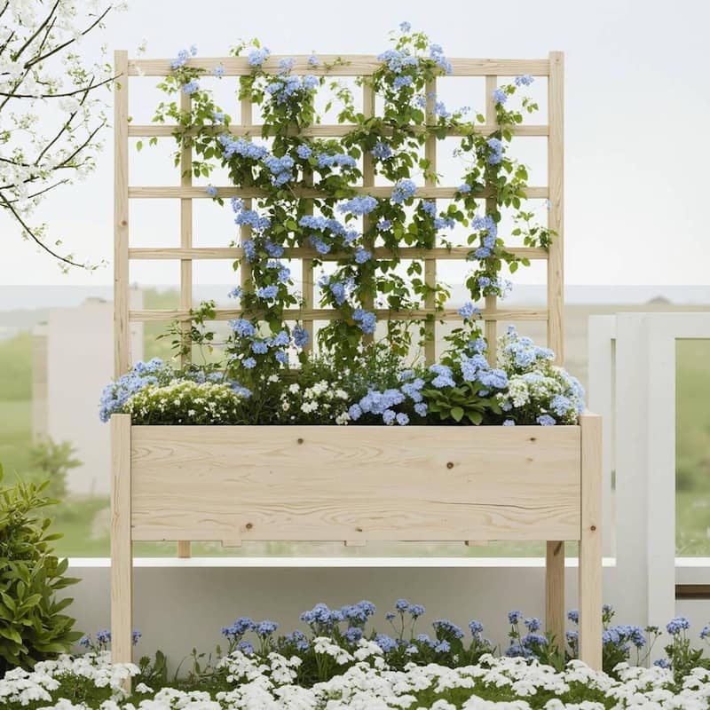 Wooden Garden Planter with Trellis & Stand - 1 PC - Beige