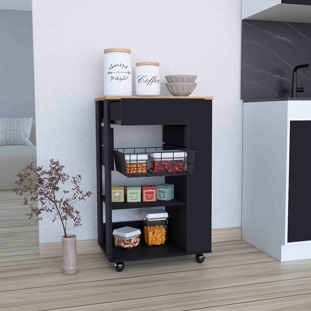 Anmytek Multifunctional Rolling Kitchen Cart 1 Drawer 2 Open Shelves Black and Light Oak