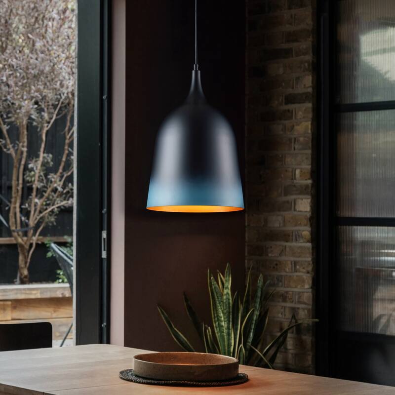 1-Light Modern Matte Black&Gradient Blue Cylinder Pendant Light for Kitchen Island - 10.6 in. W x 97.4 in. H