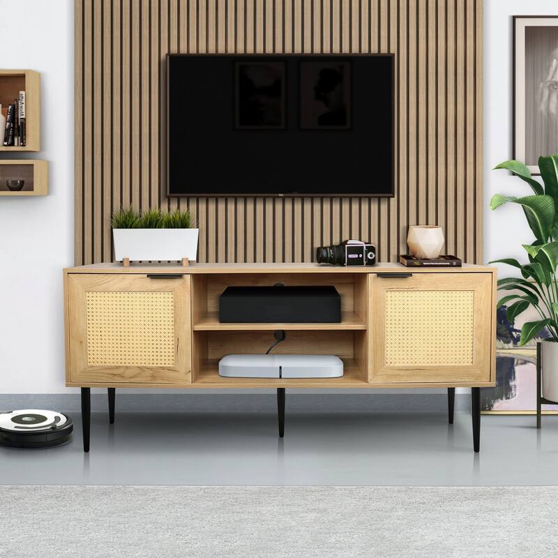 Elegant Wooden TV Stand for TVs up to 65 Inches,with 2 Cabinet Open Shelves