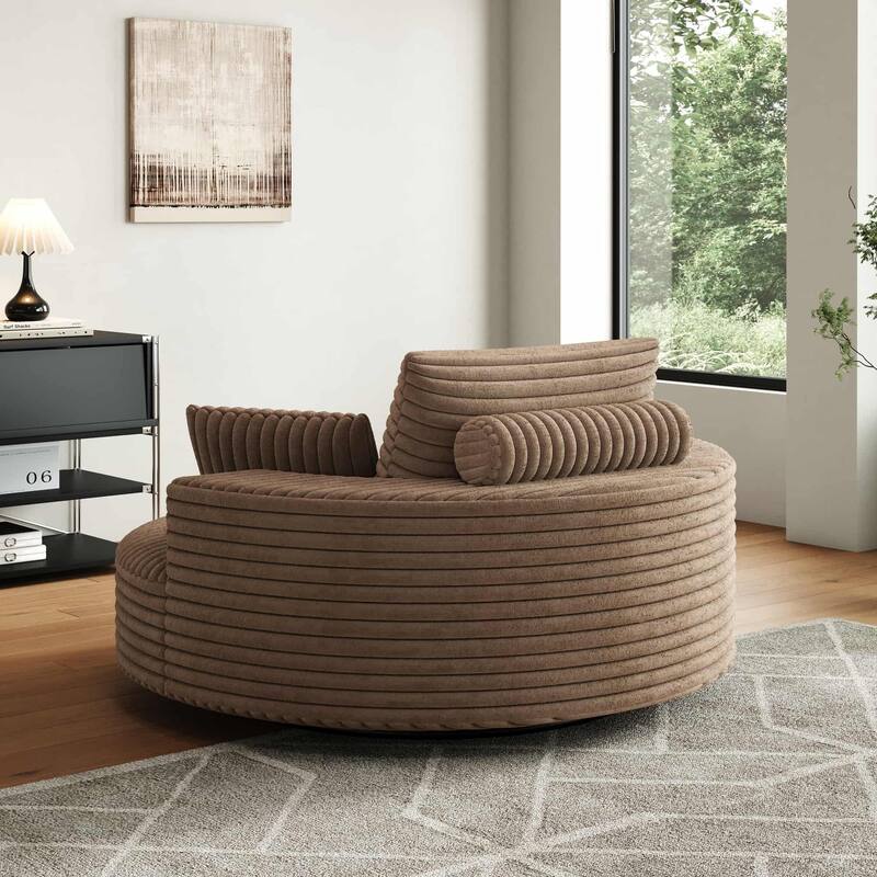 55'' L Corduroy Round Single Swivel Chair, Chaise Lounge with Pillows