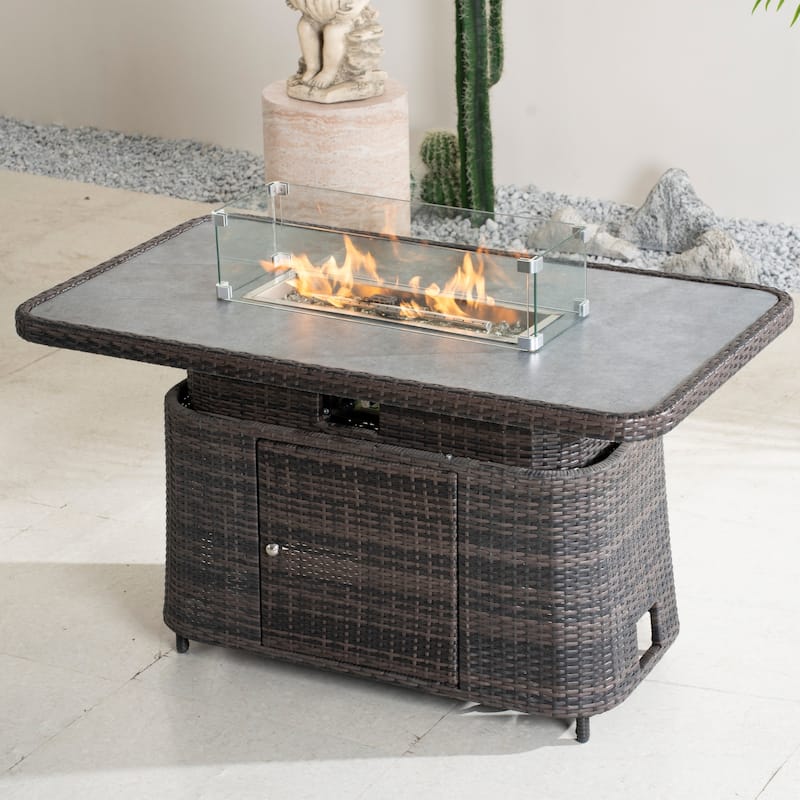 50,000 BTU Adjustable Height Aluminum Propane Fire Pit Table with Faux Stone Glass Top and Wind Guard - Brown