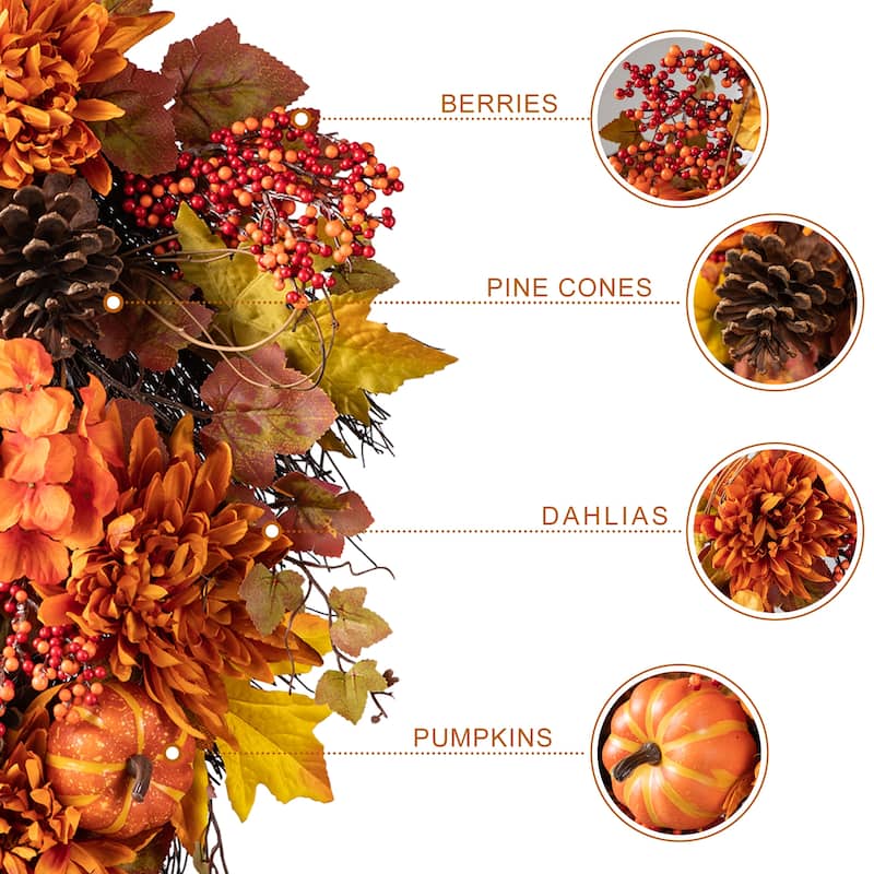 Glitzhome 26"H Fall Sunflower Pumpkin Lotus Leaf Teardrop Swag for Thanksgiving