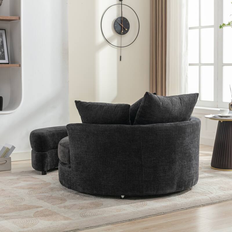Roomfitters Modern 360° Swivel Barrel Chair with Hidden Storage Ottoman, Chenille Upholstery and Four Pillows