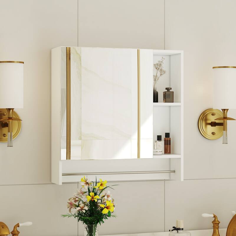2-in-1 Mirror Cabinet Wall Medicine Cabinet Over The Toilet Storage Cabinet with High-Definition Mirror, Shelves and Towel Rack