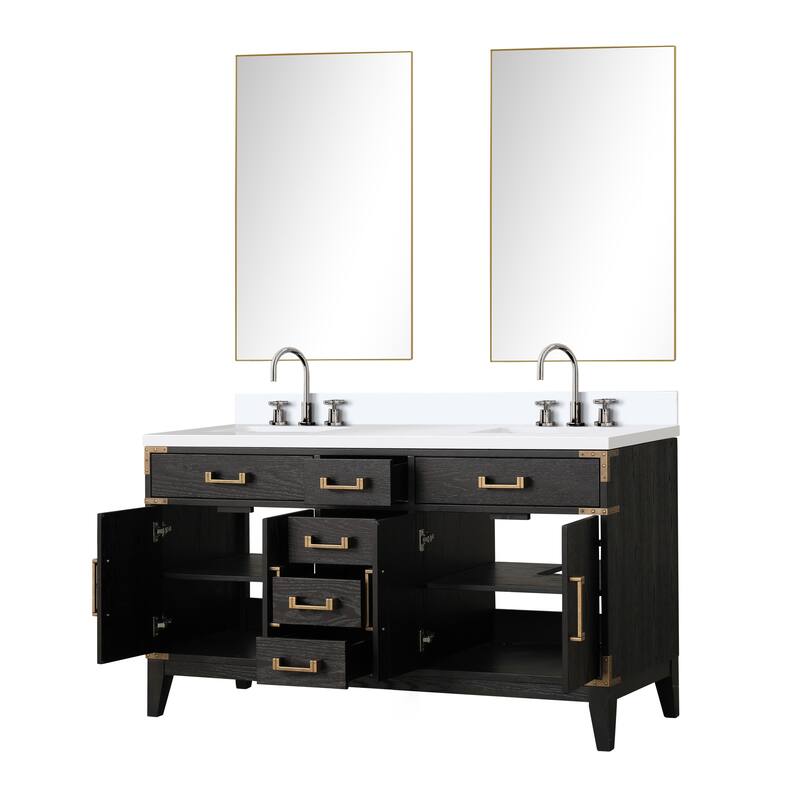 Laurel 60 in W x 22 in D Black Oak Double Bath Vanity, White Quartz Top, Faucet Set, and 28 in Mirrors