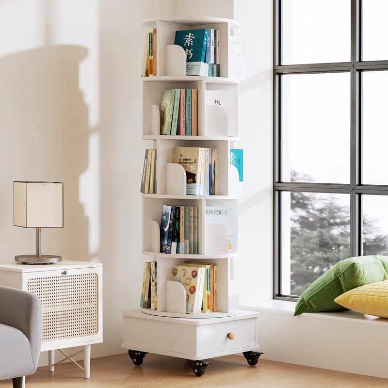 Anmytek 360 Rotating 6 Tier Corner Bookshelf with Drawer Floor Standing Wood Storage Organizer