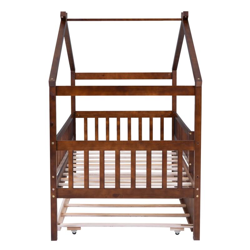 Twin Pine House Bed with Trundle, Guardrail & Roof