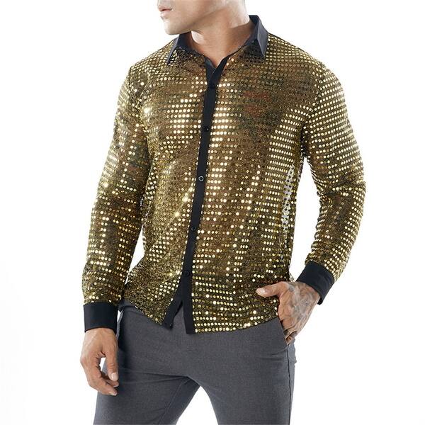 Shop Mens Hipster Gold Dress Shirts Slim Fit Long Sleeve Mesh