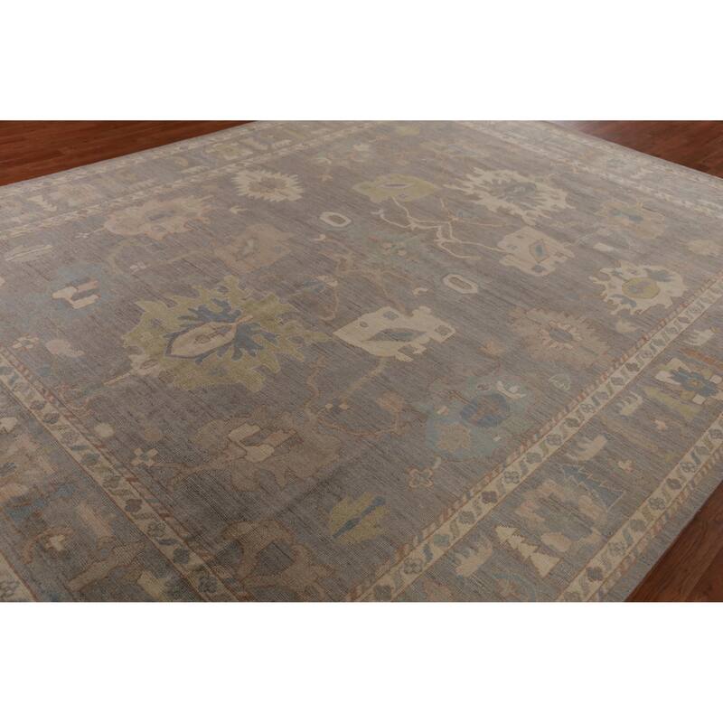Hand Knotted Oriental 100% Wool Carpet Transitional All-Over Greys & Charcoal Oushak Area Rug - 12' 0'' X 9' 1''