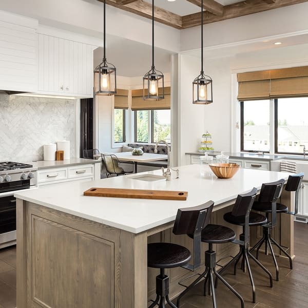 slide 2 of 11, Rustic Farmhouse Coastal Mini Pendant Black and Wood Accent Lantern Lights for Kitchen Island - L5.5"xW 5.5"x H 12"