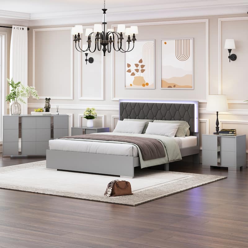 4-Pieces Bedroom Sets Queen Size Upholstered Bed with LED Lights, Mirrored Nightstands and Dresser with Metal Handles and Legs - Grey