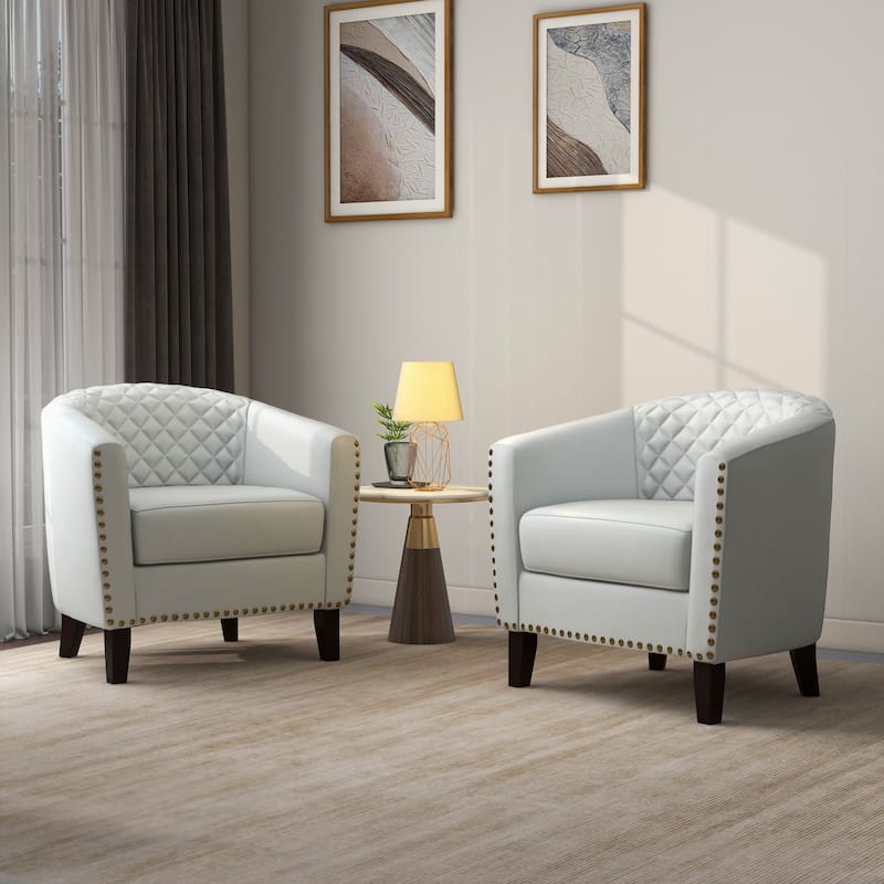 2 Set 29" W Vegan Leather Barrel Accent Chairs with Nailheads Trim