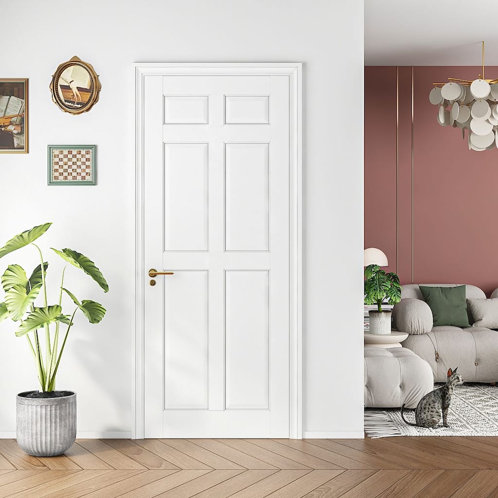 28" X 80" Primed Slab Door 6-Paneled Solid Core Wood Standard Door for Pantry Doors, French Doors, Pocket Doors Without Kit