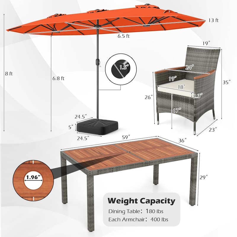 Gymax 8-Piece Patio Dining Set w/ Double-Sided Market Umbrella Acacia