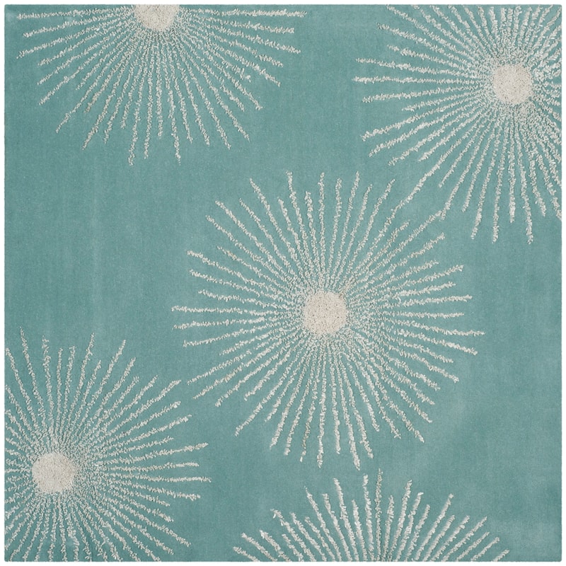 SAFAVIEH Handmade Soho Miyase Burst New Zealand Wool Rug - 6' x 6' Square - Light Teal/Multi