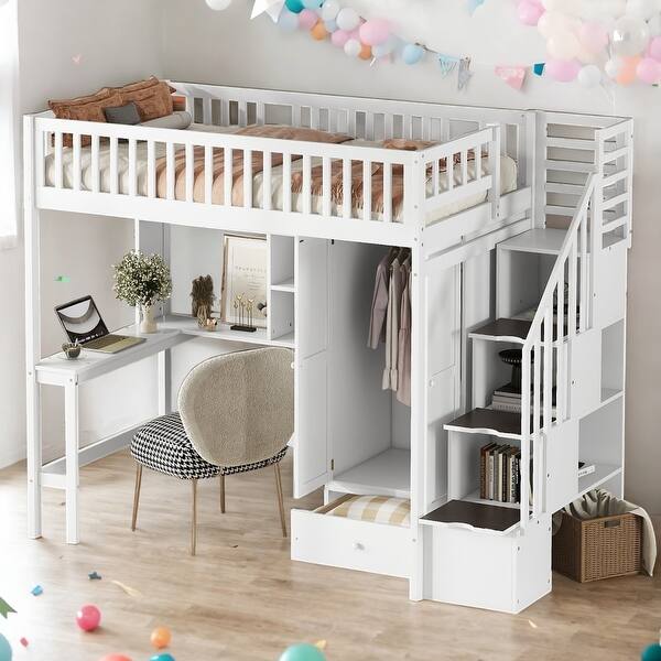 slide 2 of 13, Elegance Unique Design Wood Full Size Loft Bed With Ladder,Beautiful Kid Bed White