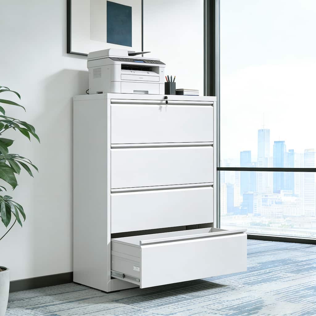 4 Drawer Lateral File Cabinet, Heavy Duty Metal Filing Cabinet, 35.4 Inch Wide Locking File Cabinet for Home Office