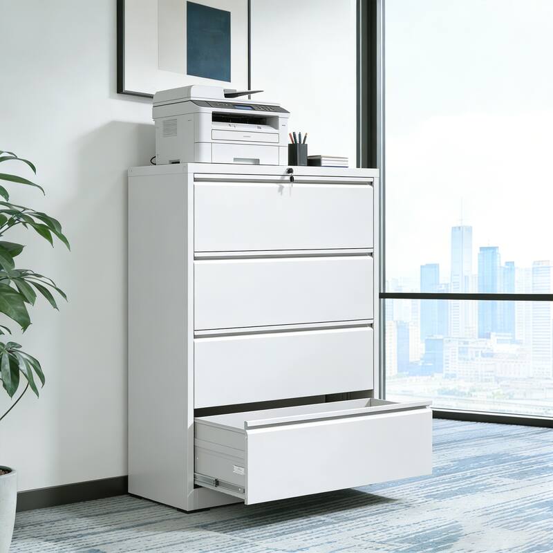 4 Drawer Lateral File Cabinet, Heavy Duty Metal Filing Cabinet, 35.4 Inch Wide Locking File Cabinet for Home Office - White