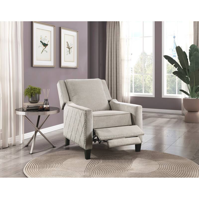 Reclining Chair 1Pc Sand-Color Textured Fabric Upholstered Nailhead Trim Wood Frame