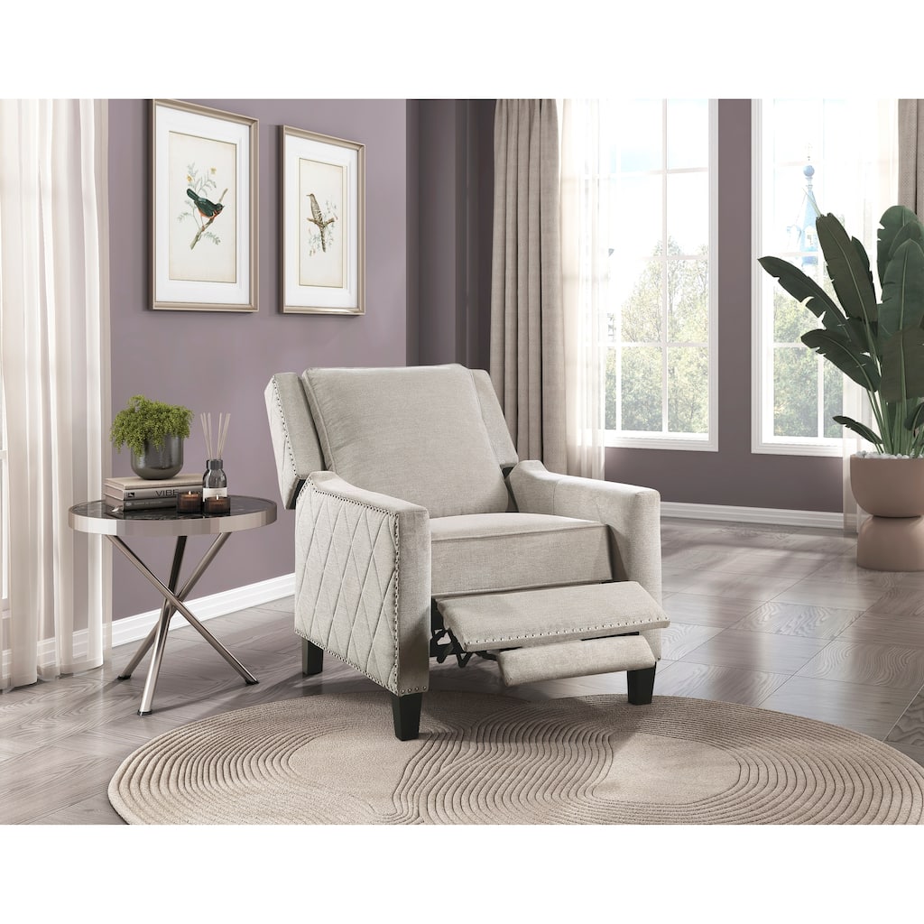 Reclining Chair 1Pc Sand-Color Textured Fabric Upholstered Nailhead Trim Wood Frame