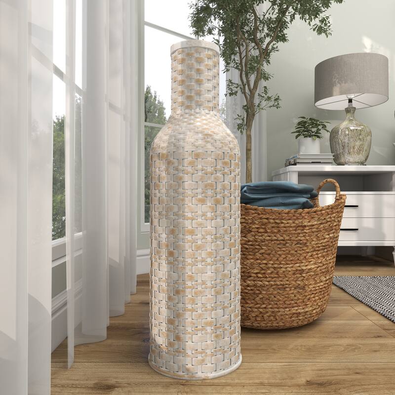Intricately Woven Tall Bamboo Wood Floor Vase - White or Brown
