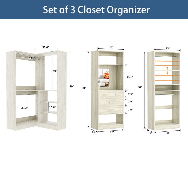 Cimly Set of 3 Corner Closet System with Hanging Rods, Space-saving Closet Organizer with Mirror