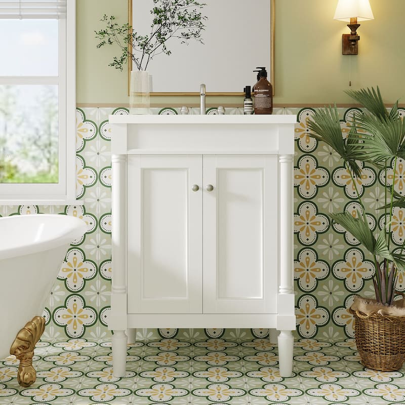 2-Tier Modern Bathroom Vanity with Top Sink and Large Storage Shelves - White