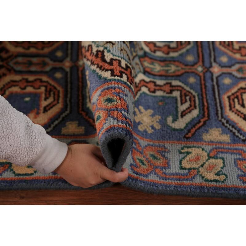Geometric Kazak Indian Runner Rug Handmade Blue Wool Carpet - 2'6"x 9'10"