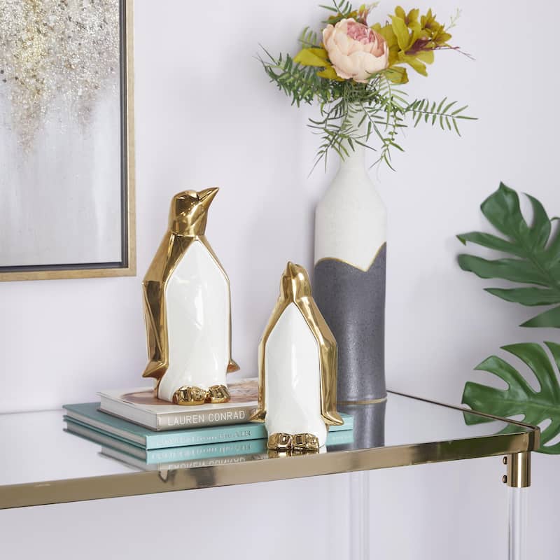 Gold Porcelain Ceramic Penguin Decorative Sculpture (Set of 2) - Gold