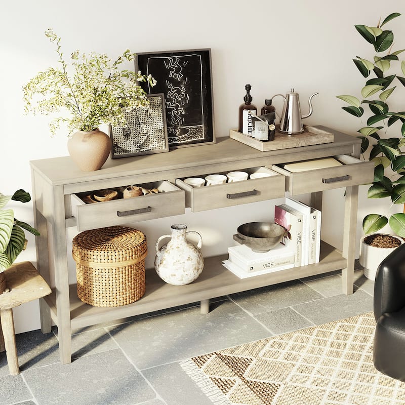 59.1" Farmhouse Entryway Table with 3 Drawers, Painted Console Table with Bottom Shelf & Iron Handles, Minimalist Sofa Table - Gray
