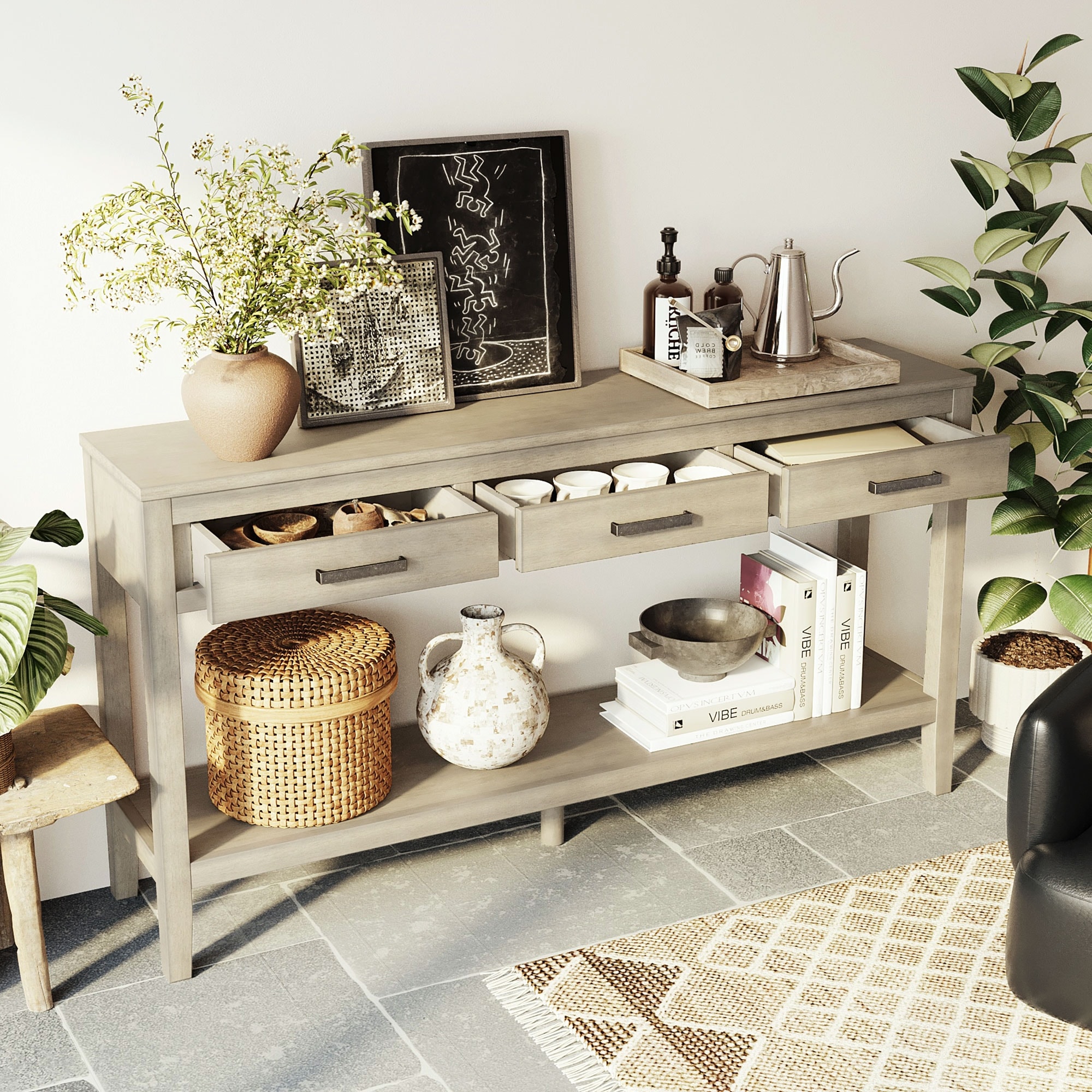 59.1'' Farmhouse Entryway Table with 3 Drawers, Painted Console Table with Bottom Shelf & Iron Handles