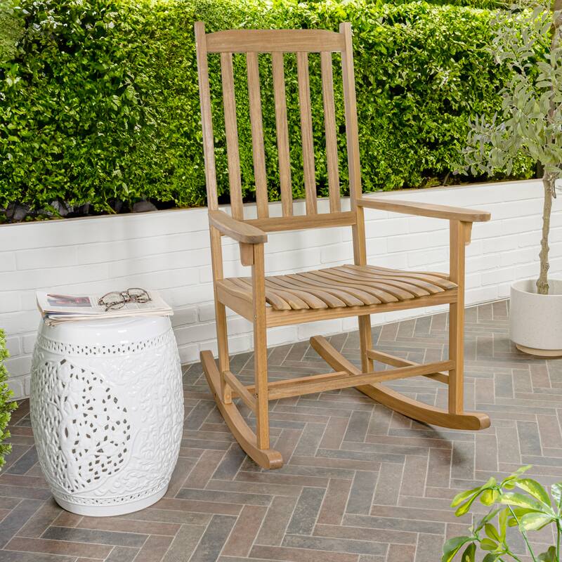 Parker Farmhouse Classic Slat-Back 350-LBS Support Acacia Wood Outdoor Rocking Chair, by JONATHAN Y