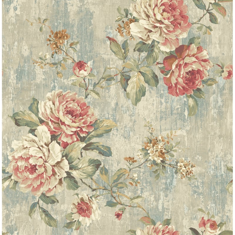 Seabrook Designs Cloelia Blooming Roses Unpasted Wallpaper - 20.5 in. W x 33 ft. L - Metallic Taupe & Strawberry