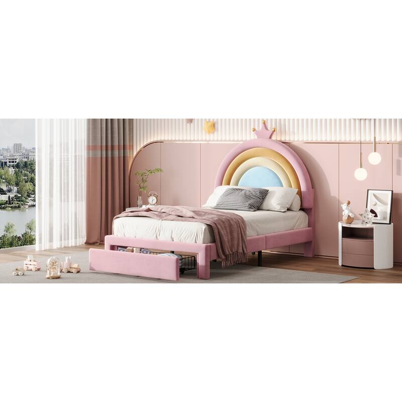 Twin Size Velvet Platform Bed with Storage Drawers, Vibrant Upholstered Design