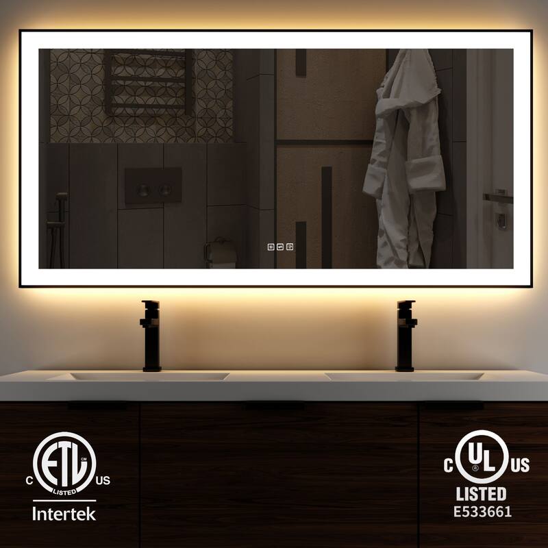 TOOLKISS Black Frame Anti-Fog Dimmable LED Light Vanity Bathroom Mirror with Backlit and Front Light