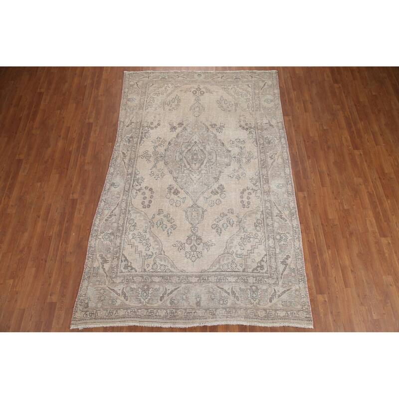 Hand Knotted Oriental 100% Wool Carpet Traditional Medallion Beige & Ivories Tabriz Area Rug - 9' 11'' X 6' 2''
