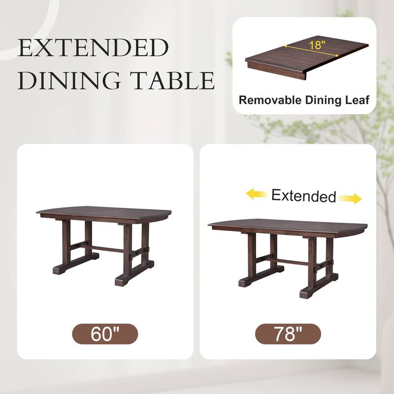 Extendable 6-Piece Dining Set with 78" Wood Table, 4 Upholstered Chairs, and Bench, Seats 6-8 Guests