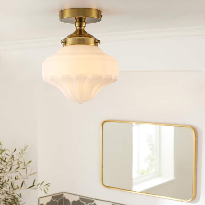 8.7 in. 1-Light Retro Black/Antique Gold Ice-Cream Shaped Semi-Flush Mount Ceiling Light with Opal Textured Glass Shade