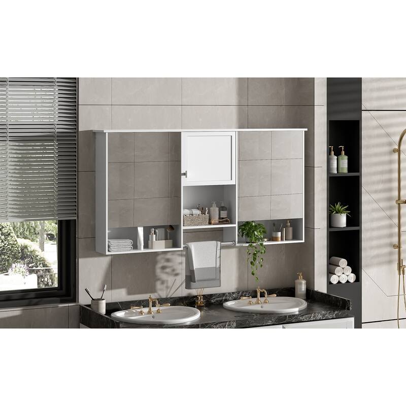 55" Wall-Mount 3-in-1 Mirror Cabinet with Adjustable Shelf, Soft-Closing Hinges, High-Quality MDF, for Bathroom Vanity