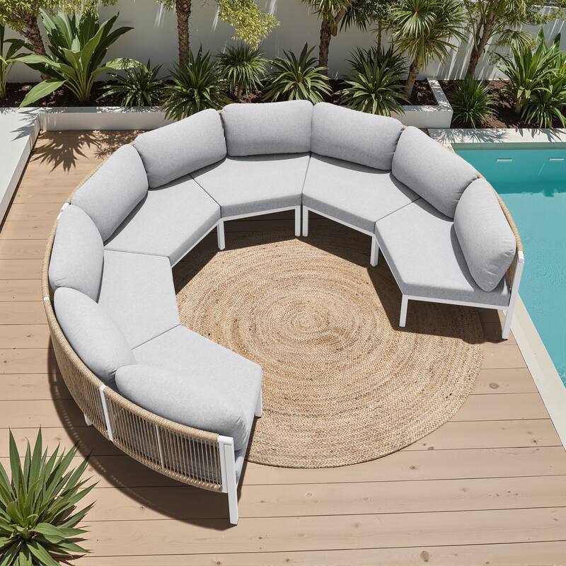 Outdoor Half Moon Curved Sofa Rattan Sectional Sofa Patio Outdoor Conversation Sets - 6-seater - Light Grey